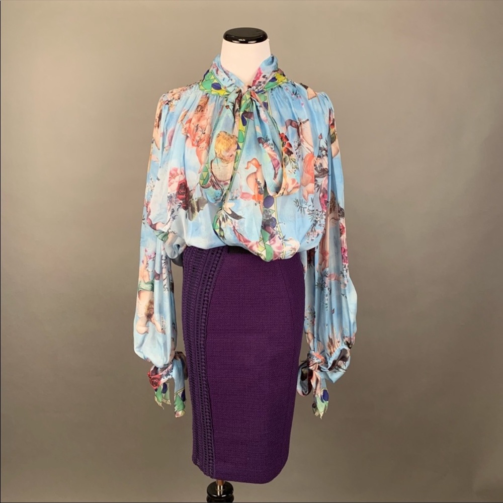 Silk floral bow tie blouse S/M